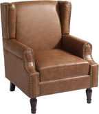 UIXE PU Leather High Back Accent Chair, Upholstered Armchair for Living Room, Retro Wingback Arm Chair Nailhead Trim Single Sofa Bedroom Reading Seat with Solid Wood Legs - Brown