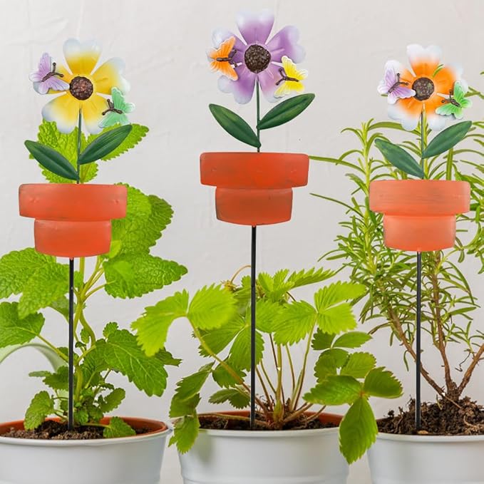 Metal Garden Stakes Decor,3 Pack Flowers Pot Decorative Garden Stakes, Waterproof Spring Outdoor Decor,Metal Flowers Garden Decor for Outside,Lawn,Yard,Pathway