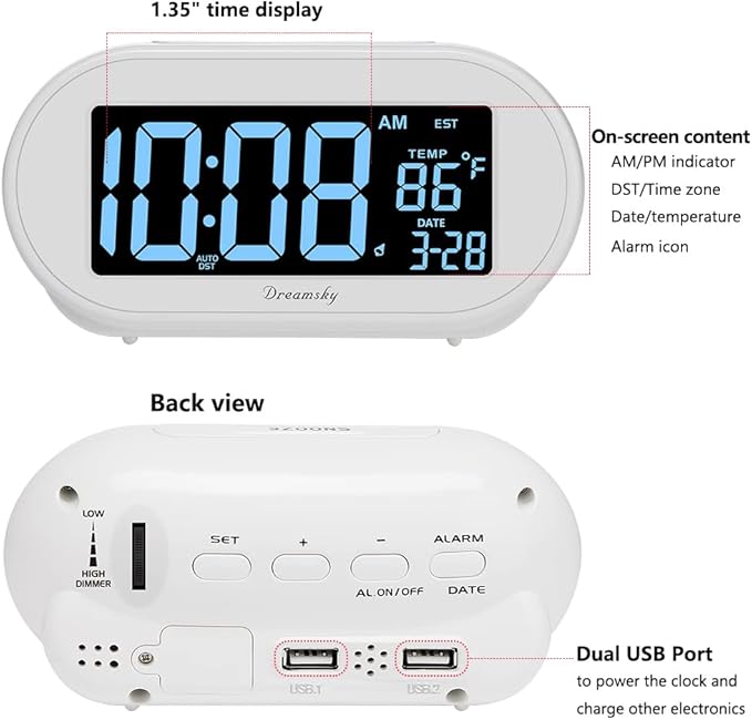 DreamSky Alarm Clocks for Bedrooms, Auto Set Digital Desk Clock for Bedside Nightstand, Electric Clock with Dimmable Brightness Dimmer, Auto DST, USB Port, Date, Temperature, Snooze