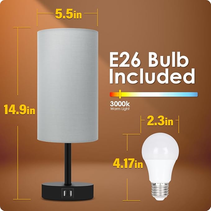 Yarra-Decor Bedside Lamp with USB Port - Touch Control Table Lamp for Bedroom 3 Way Dimmable Nightstand Lamp with Round Grey Fabric Shade for Living Room, Dorm, Home Office (LED Bulb Included)