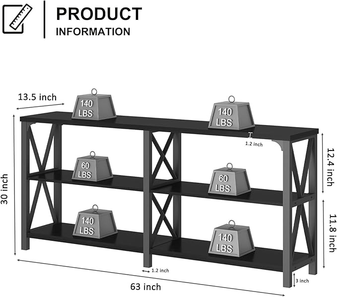 LVB Industrial Entryway Table, Farmhouse Rustic Console Tables Behind Couch, Long Metal Wooden Sofa Table with Storage Shelf, Modern Foyer Hallway Table for Living Room Bedroom, Black Oak, 63 in