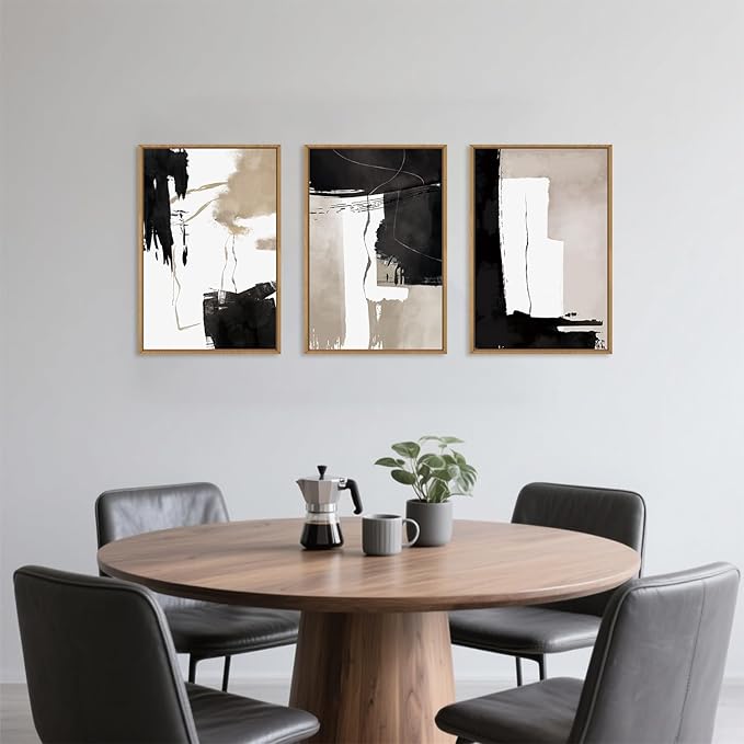 Black White Brown Framed Canvas Wall Art Set, Neutral Geometric Wall Decor, Modern Abstract Wall Painting, Minimalist Artworks for Living Room, Bedroom, Dining Room, Office - 16"x24"x3