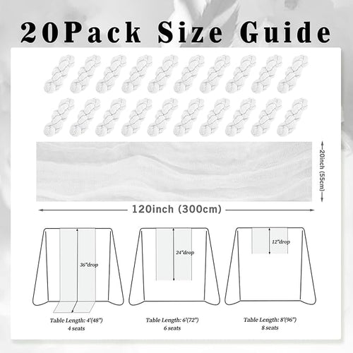 10FT 20 Pack White Cheesecloth Table Runner 20 x 120 Inch Long Rustic Gauze Cheese Cloth Table Runner for Wedding Bridal Baby Shower Table Decorations Boho Fabric Sheer Birthday Party Table Decor