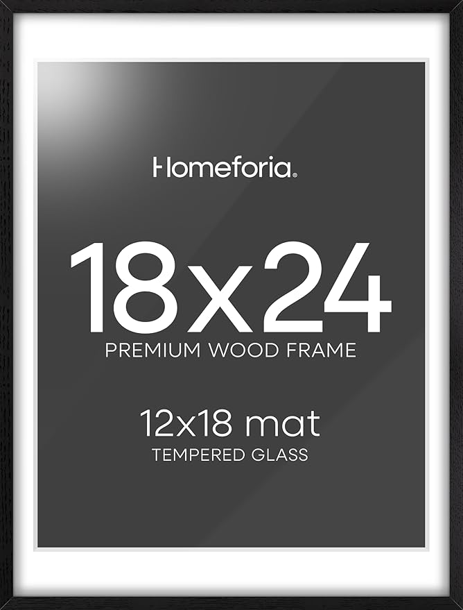 Homeforia Black Wooden Frame 18x24, High End Oak 18x24 Wood Picture Frames with Mat 16x20 Photo, 18 x 24 Poster Frame Matted to 16 by 20 Print, 24x18 Hanging Frames, Tempered Glass, Wall Kit, Set of 1