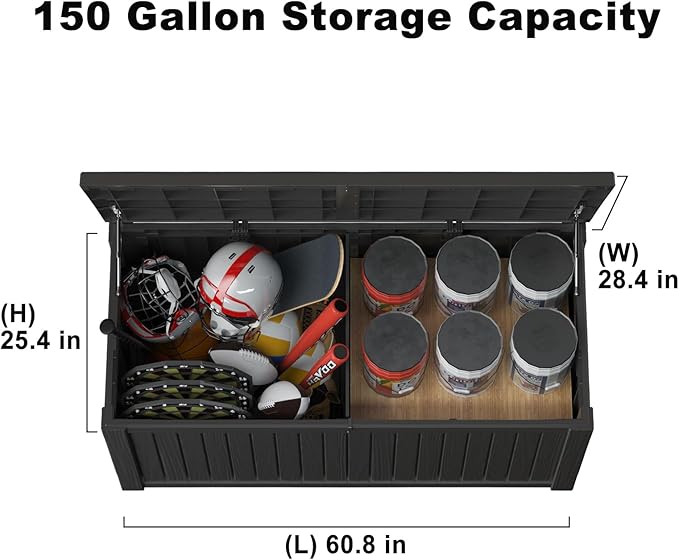 Vixzen 150 Gallon Resin Deck Box, Lockable Outdoor Storage Box for Patio Cushions Storage Furniture,Garden Tools, Pool Supplies, Weatherproof and UV Resistant- Black
