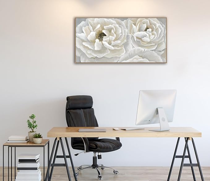 arteWOODS Cream White Flowers Framed Wall Art - Soft Peony Pictures for Wall Decor Elegant Blossom Flower Painting Artwork Botanical Prints for Living Room Home Office Wall Decoration 20" x 40"
