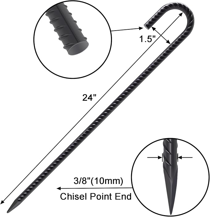 VVOKGO Rebar Stakes 24 Inch J Hook Heavy Duty Ground Anchors (32pcs), 3/8 Inch Diameter Metal Steel Extra Long Fence Stakes with Chisel Point End for Greenhouse, Gazebo, Carport, Camping Tents, Black