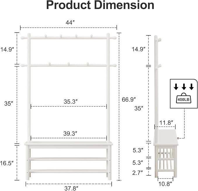 Coat Rack with Shoe Storage, Wooden Hall Tree with Bench, 11 Hooks and 2-Tier Storage Shelves, 3-in-1, Entryway Bench with Coat Rack (39.3"-Deep White)