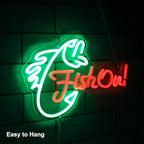 Fish On Neon Sign Go Fishing LED Signs for Wall Green Red Neon Light Dimmable Neon Lights Signs Fish Neon Light Up Sign for Bedroom Living Room Man Cave Yacht Decor Men Gifts