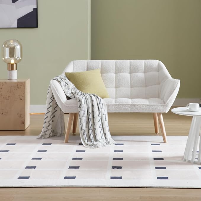 48" Small Loveseat Sofa, Modern Sherpa Mini Sofa Couch 2-Seater Fluffy Love Seat with Quilting Backs and Wood Legs for Living Room, Bedroom and Small Space, White