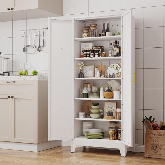 75" Tall Metal Kitchen Pantry Storage Cabinet, Freestanding Cupboard with 2 Doors and 5 Adjustable Shelves, Standing Storage for Kitchen, Bathroom, Garage, Dinning Room or Utility Room（White）
