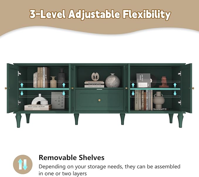 ARTPOWER 67'' Mid-Century Modern TV Stand with Storage Drawer and Doors, Long TV Stand with Adjustable Shelves for 75 Inch TV for Living Room, Bedroom, Green