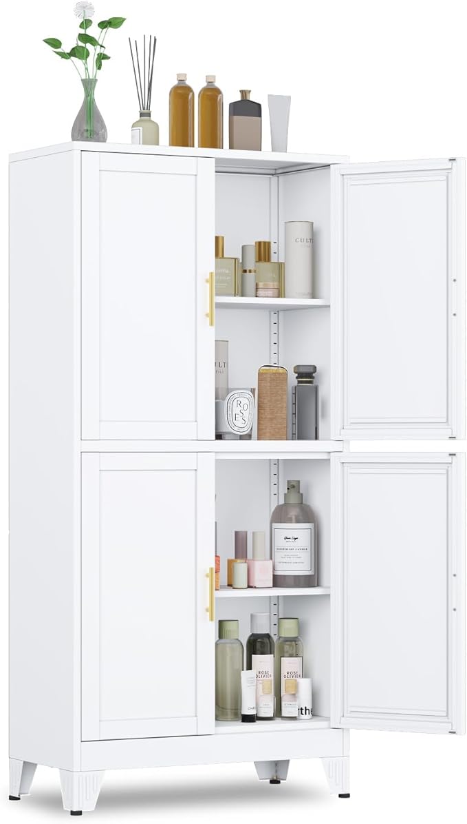 47.25" Metal Pantry Cabinet, Storage Cabinets with 4 Door and 2 Adjustable Shelves, White Bathroom Cabinet, Freestanding Cupboard for Kitchen Dining Living Room Bathroom