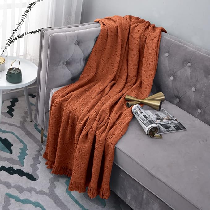 Simple&Opulence 100% Cotton Throw Blanket for Bed, Couch, Boho Luxury Geometric Woven Blanket with Tassels Soft Lightweight Cozy Breathable, Vintage Farmhouse Decoration for All-Season(Rust Orange)