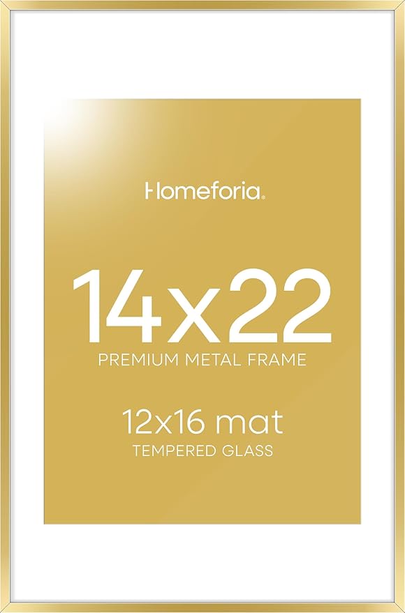 Homeforia 14x22 Picture Frame Gold, High End Metal 14x22 Poster Frames with Mat 12x16 Photo, 14 x 22 Gold Frames Matted to 12 by 16 Print, 22x14 Thin Hanging Frames, Tempered Glass, Wall Kit, Set of 1