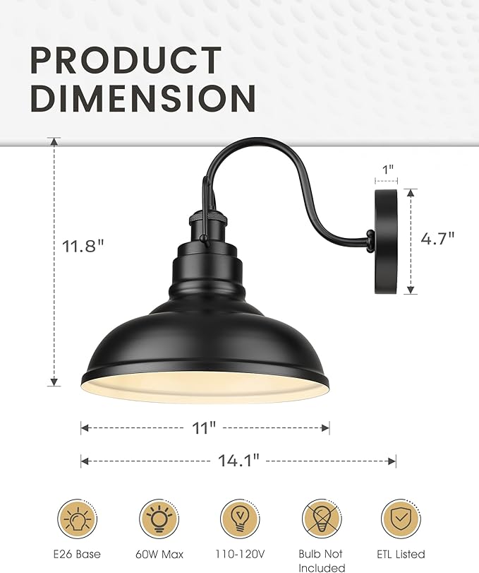 zeyu 11 Inch Modern Gooseneck Barn Light, 1-Light Wall Sconces, Industrial Wall Lantern for Porch, Kitchen, Black Finish, 016-1B BK