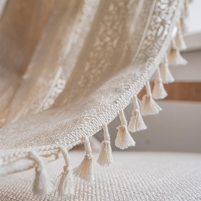 Sutuo Home Boho Curtain Crochet Lace Semi-Sheer Florals Hollow Knitted Handmade Tassels, Rod Pocket Window Treatment Vintage Rustic Farmhouse Drapes for Living Bedroom, 1 Panel 59" W x 63" L, Beige