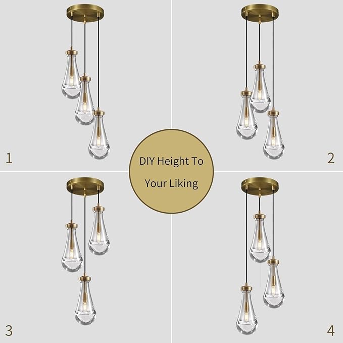 Brass 3 Light Pendant Lighting for Kitchen Island, Raindrop Cluster Pendant Light Fixture, Adjustable Hanging Rope Glass Chandelier Dining Room Light Fixture Ceiling Lamp for Foyer Hallway