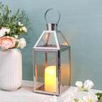 JHY Design Silver Decorative Lanterns 16inch High Stainless Steel Candle Lanterns with Tempered Glass for Indoor Outdoor Events Parities and Weddings