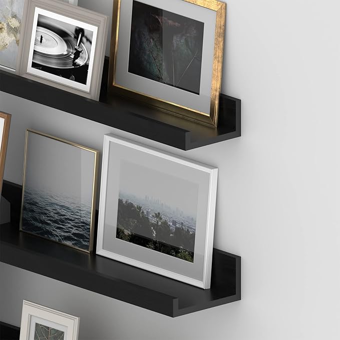 Giftgarden 47 Inch Black Floating Shelves Ledge, Wall Mount Long Picture Rail Large Woodgrain Photo Shelving for Living Room Bedroom Office, Set of 3 Different Sizes