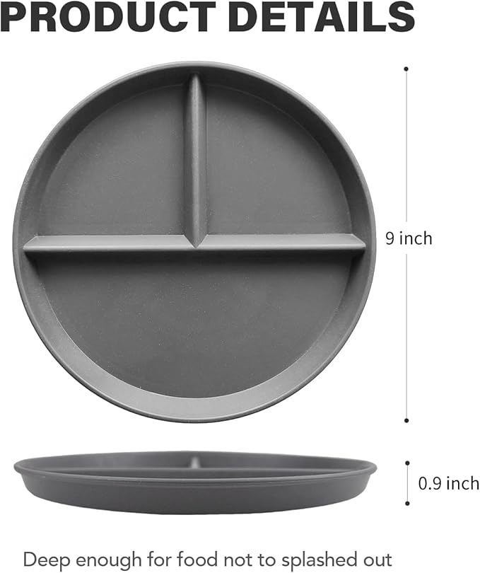 greenandlife 9 Inch 4PCS Unbreakable Portion Control Plates, Divided Plates for Kids Adults, Dishwasher & Microwave Safe Compartment Plate, Lightweight Reusable Wheat Straw Plate, BPA Free