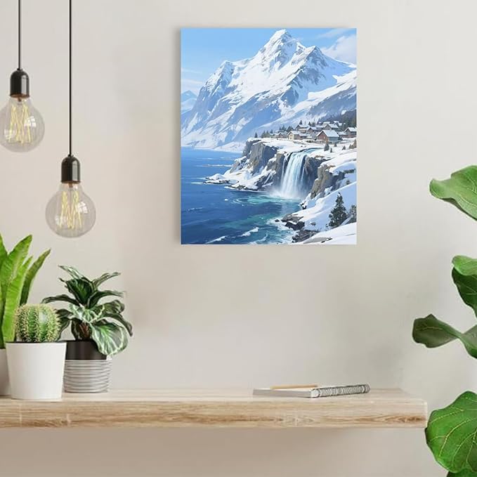 Winter lakeside town and snowy scenery merge together to form a landscape poster wall art suitable for living room bedroom and office