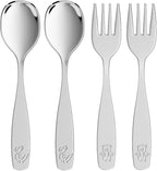 Toddler Utensils 4 Set, Kids Stainless Steel Silverware Set - 2pcs Forks and 2pcs Spoon, Cute Children Flatware Sets with Mirror Polished, Self Feeding Safe, Dishwasher Safe