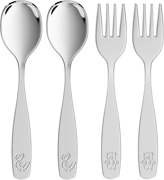 Toddler Utensils 4 Set, Kids Stainless Steel Silverware Set - 2pcs Forks and 2pcs Spoon, Cute Children Flatware Sets with Mirror Polished, Self Feeding Safe, Dishwasher Safe