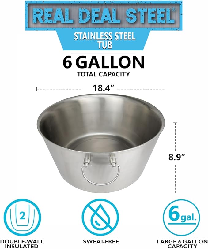 Stainless Steel Insulated Beverage Tub - Real Deal Steel, Large 6 Gallon Round Double Walled Party Tub, Drink Bucket for Parties, Ice Cooler for Wine Beer