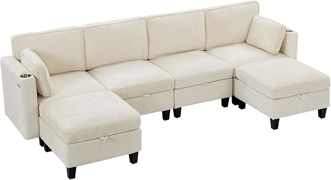 110" Modular Sectional Sofa, Convertible Sleeper Sofa Couch Bed with Adjustable Backrest, U-Shaped Chenille Cloud Couch with Ottoman Storage, Deep Seat Couches for Living Room,Beige