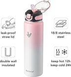 Enerbone 32 oz Insulated Water Bottle, Stainless Steel Bottle with Carrying Strap, Double-Wall Vacuum Insulation Design, Leakproof Sports Bottle with Straw, Keep Drinks Cold or Hot for Hours