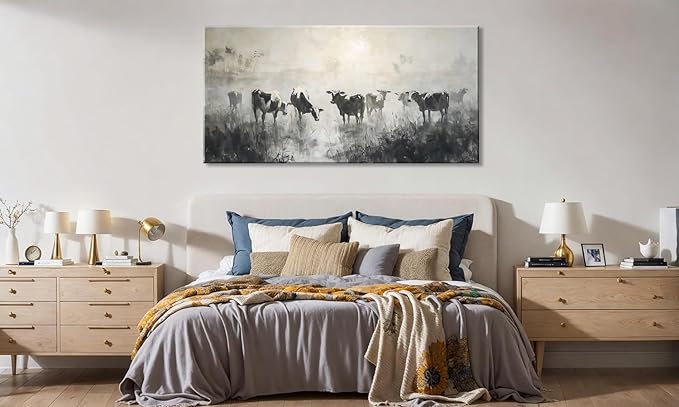 LASMOND Black and White Cow Wall Art for Living Room Ink Wash Canvas Painting Prints Morning Cattle Vintage Country Farmhouse Artwork Bedroom Office Decor (40x20 Inches)