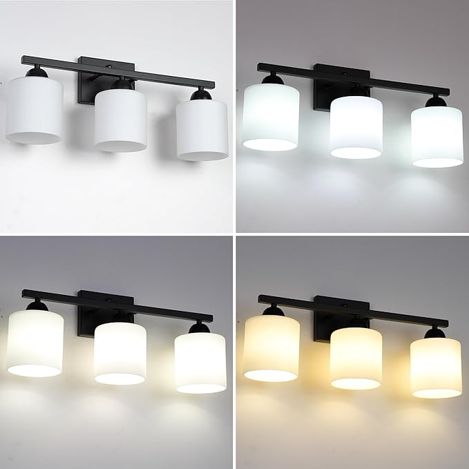 Milk Glass Vanity Lights for Bathroom, 3 Light Matte Black Bathroom Light Fixtures Over Mirror, Ceramic E26 Sockets Wall Mounted