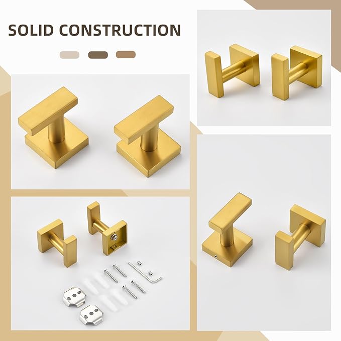 Angle Simple Towel Hooks for Bathroom, SUS 304 Stainless Steel Square Robe Coat Wall Hooks, Hand Towel Holder, Brushed Gold, 2 Pack