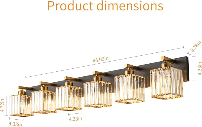 Modern Bathroom Vanity Light 6-Lights Black Gold Crystal Bathroom Wall Light Vanity Light Fixtures，44.09-inch Modern Minimalist Design
