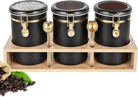 Yangbaga 304 Stainless Steel Coffee Canisters for Ground Coffee,3 x 63 OZ Coffee Container with Shelf Coffee Bean Storage, Food Storage Jar with Gold Airtight Locking Clamp and Spoon for Kitchen