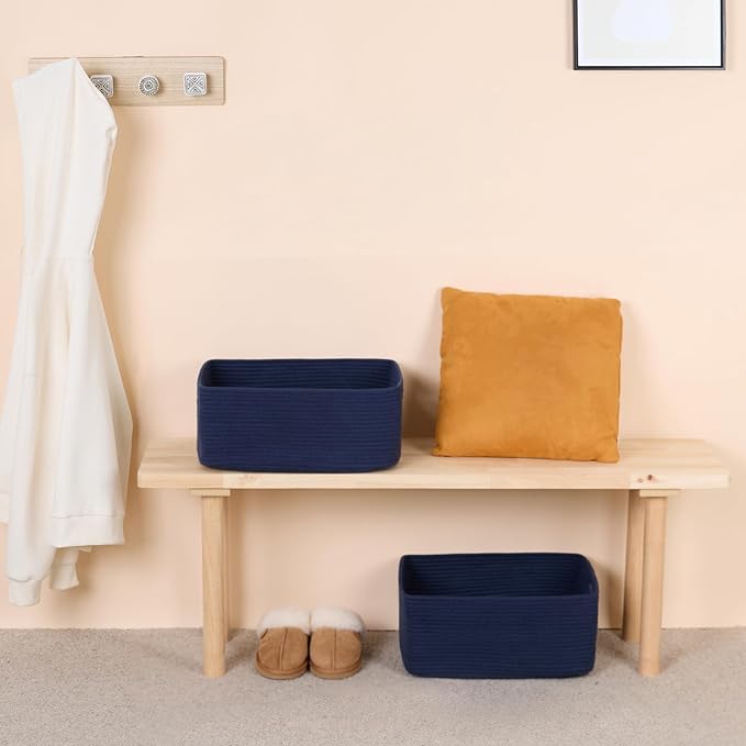 Large Storage Baskets for Shelves, Closet Organizers Bins for Clothes Blanket Towels, Baby Nursery, Toy Baskets Box, Woven Rope Baskets, 17 x 13 x 7.5”, 2 Packs Navy Blue