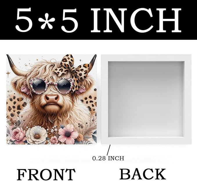 Highland Cow Decor, Highland Cow Gifts for women, Cow With Leopard Bow, Highland Cow Nursery Decor, Wooden Box Decor Sign for Home Farmhouse Office Living Room Table Shelf