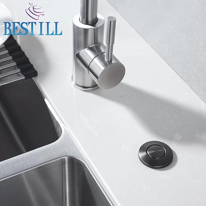 BESTILL Garbage Disposal Button, UL Listed, Cordless Sink Top Air Switch Kit for Waste Disposer, 3.6" Long Push Button with Brass Cover, Gunmetal Gray, Compatible with all Garbage Disposals