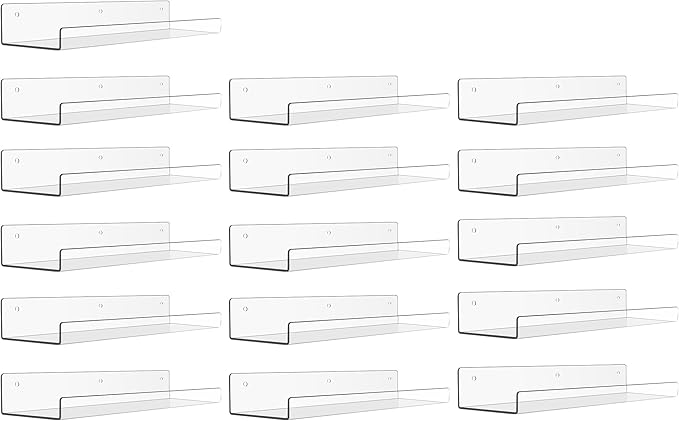 upsimples 16 Pack Acrylic Shelves for Wall Storage, 15" Floating Bookshelves for Kids, Display Shelf Organizer for Bathroom, Bedroom, Living Room, Kitchen, Room Decor, Clear