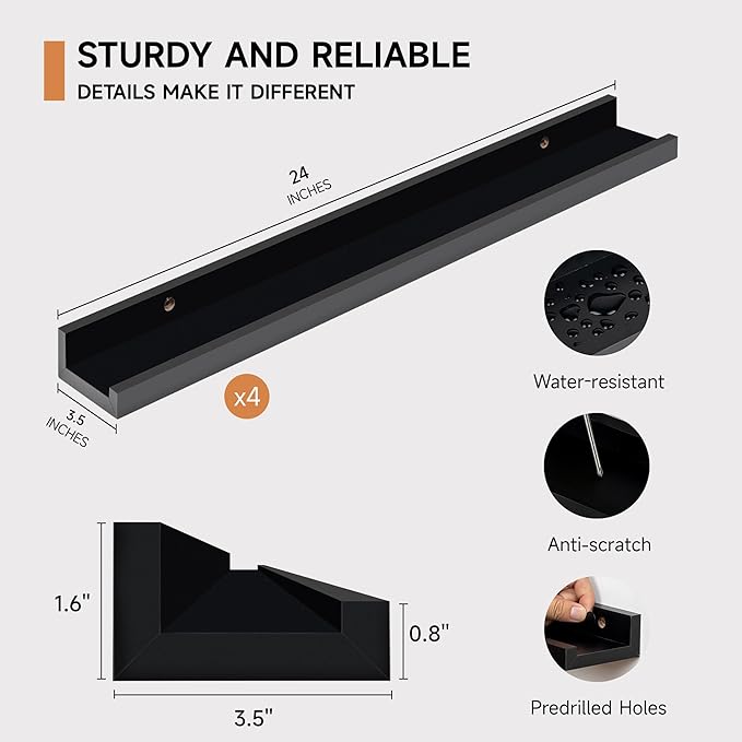 Picture Ledge Shelf for Wall, Floating Shelves Set of 4, 24 Inch Long Nursery Book Shelves for Toys Storage, Kids Bookshelf Wall Mounted for Books Photo Frames, Black