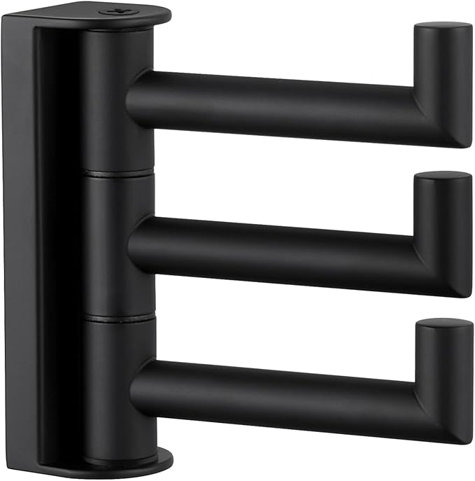 Angle Simple Swivel Towel Hook 3 Arms, SUS 304 Stainless Steel Foldable Bathroom Robe Towel Hook, Wall Coat Holder, Matte Black