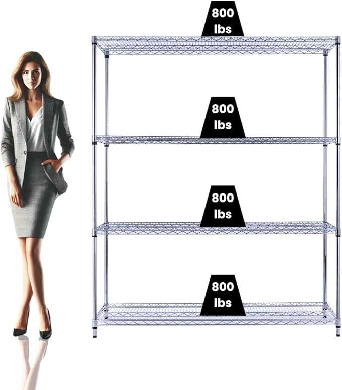 60"x18"x72" Chrome Premium Metal Steel Wire Shelving 4-Tier NSF 3200 LBS MAX Capacity Heavy Duty Storage Rack for Garages, Commercial Spaces, Hospitals, & Schools w/Premium Wheels