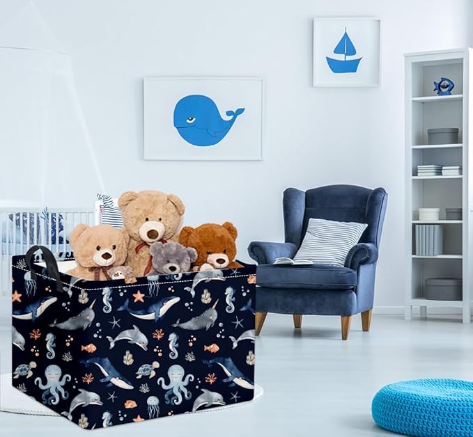 HIYAGON Rectangular Ocean Basket Kids Baby Storage Bin Toy Organizer Box for Boys Under the Sea Nursery Decor(Ocean)