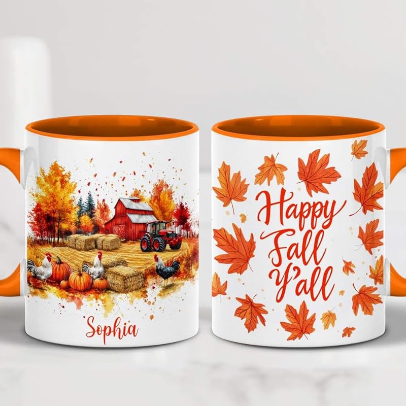 Personalized Fall Farm Coffee Mugs - Farm Lover Mugs Gift for Women Men - Fall Autumn Decor Gifts For Home Farmhouse Thanksgiving - Happy Fall Y'all Mug - 11oz Printed Ceramic Mug