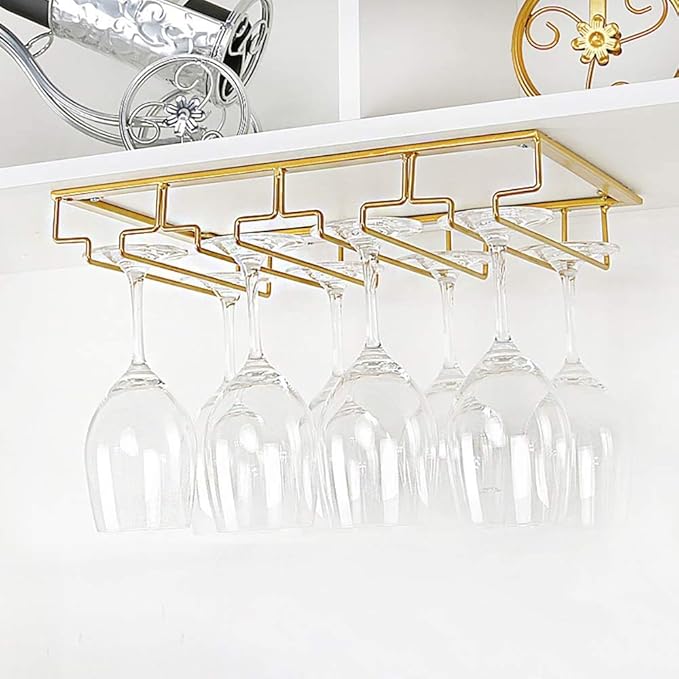 Wine Glass Rack - Under Cabinet Stemware Wine Glass Holder Glasses Storage Hanger 2 Pack Metal Organizer for Bar Kitchen 4 Rows Gold