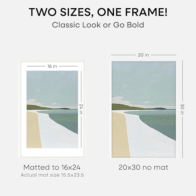 Homeforia White 20 x 30 Frame, High End Oak 20 x 30 White Wood Poster Frames with Mat 16 by 24 Photo, 20x30 Wooden Picture Frame Matted to 16x24, 30x20 Large Frames, Tempered Glass, Wall Kit, Set of 1