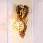 LITFAD Antique Spherical Sconce Light Decorated Bedside Lamp Clear Crystal 1 Light in Gold Wall Light Angel Wall Lamp for Bedroom Living Room Hotel - Left