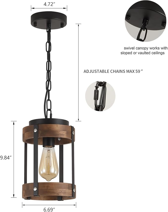 2 Pack Rustic Farmhouse Wood Pendant Light Fixture One-Light Adjustable Chain Oak Wood and Metal Drum Cage Small Pendant Lighting for Kitchen Island Sink Hallway Farmhouse Bathroom Bar, Black