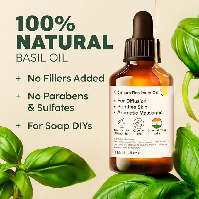 Kukka Basil Essential Oil for Diffusers - 4 Fl Oz - 100% Pure Natural Basil Oil for Skin & Aromatherapy Scent Massage Candles & Soaps Making Scent